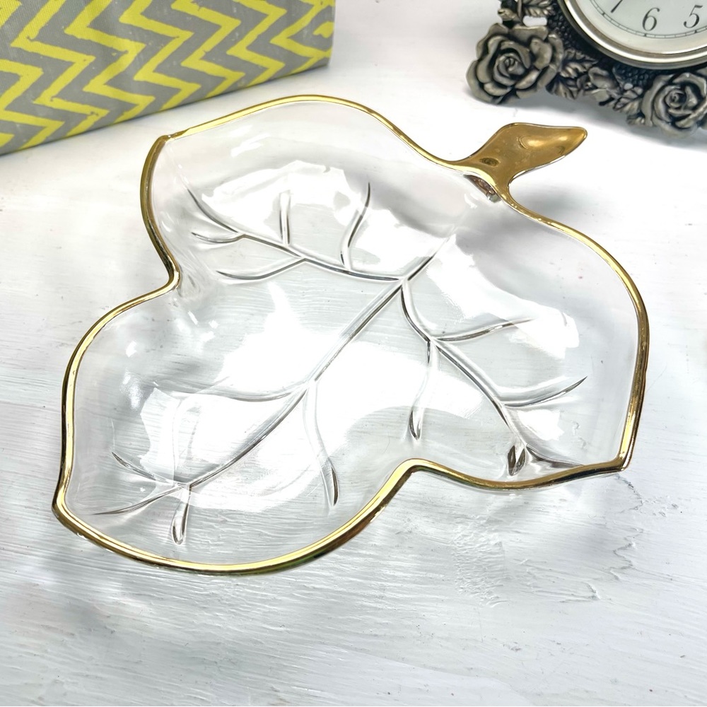Vintage Glass Leaf Gold Trim Dish Candy Bowl Glass Trinket Leaf Dish Jewelry